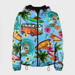 Куртка с капюшоном женская Пальмы, волны, серфинг, цвет: 3D-черный
