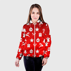 Куртка с капюшоном женская Новогодний узор красный градиент, цвет: 3D-белый — фото 2