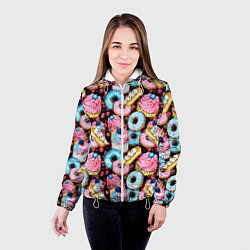 Куртка с капюшоном женская Узор из сладостей на черном фоне, цвет: 3D-белый — фото 2