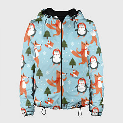 Куртка с капюшоном женская Лисята и пингвины Новый год 2022, цвет: 3D-черный