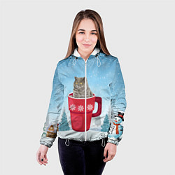 Куртка с капюшоном женская Удивленный котик в кружке, цвет: 3D-белый — фото 2