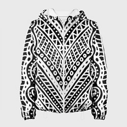 Куртка с капюшоном женская Абстракция черно-белая Волны, полосы, вензеля Моно, цвет: 3D-белый