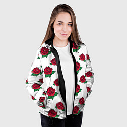 Куртка с капюшоном женская Цветы Красные Розы На Белом Фоне, цвет: 3D-черный — фото 2