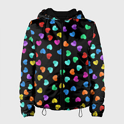 Куртка с капюшоном женская Сердечки разноцветные на черном, цвет: 3D-черный
