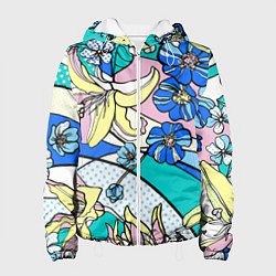 Куртка с капюшоном женская Яркие цветы в стиле поп-арт, цвет: 3D-белый