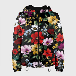 Куртка с капюшоном женская Цветы на черном фоне паттерн, цвет: 3D-черный