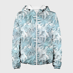 Куртка с капюшоном женская Голубые листья пальмы на белом, цвет: 3D-белый