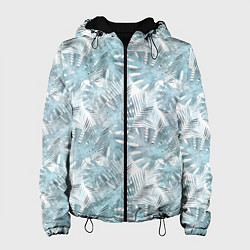 Куртка с капюшоном женская Голубые листья пальмы на белом, цвет: 3D-черный