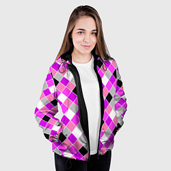 Куртка с капюшоном женская Розовый черный узор в клетку, цвет: 3D-черный — фото 2