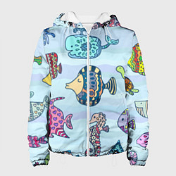 Куртка с капюшоном женская Кит, черепаха, акула и другие обитатели океана, цвет: 3D-белый
