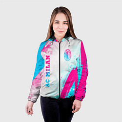 Куртка с капюшоном женская AC Milan neon gradient style: символ и надпись вер, цвет: 3D-черный — фото 2