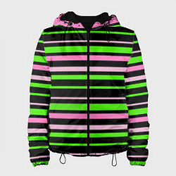 Куртка с капюшоном женская Полосаты узор в зелено-розовых оттенках на черном, цвет: 3D-черный