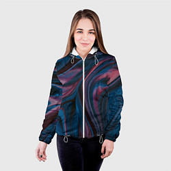 Куртка с капюшоном женская Абстрактные фиолетовые и синие волны с блёстками, цвет: 3D-белый — фото 2