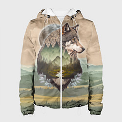 Куртка с капюшоном женская Портрет волка в технике двойной экспозиции, цвет: 3D-белый