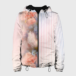 Куртка с капюшоном женская Цветы за стеклом - полосы с градиентом, цвет: 3D-черный