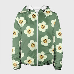 Куртка с капюшоном женская Цветочки-смайлики: темно-зеленый паттерн, цвет: 3D-белый