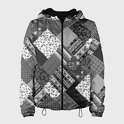 Куртка с капюшоном женская Черно белый лоскутный узор, цвет: 3D-черный