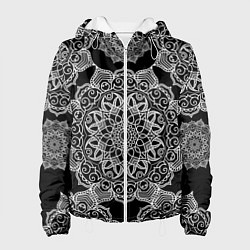 Куртка с капюшоном женская Мандала на черном фоне, цвет: 3D-белый