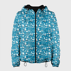 Куртка с капюшоном женская Белые кораблики паттерн, цвет: 3D-черный