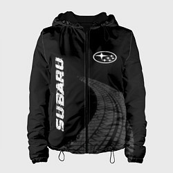 Куртка с капюшоном женская Subaru speed на темном фоне со следами шин: надпис, цвет: 3D-черный
