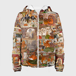 Куртка с капюшоном женская Коллаж из сказочных зверей - совы, белки, ёжики, цвет: 3D-белый