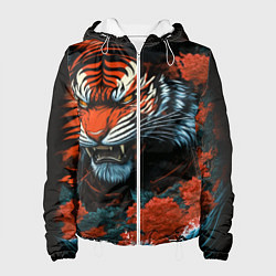 Куртка с капюшоном женская Тигр с розами на волнах в стиле тату ирезуми, цвет: 3D-белый