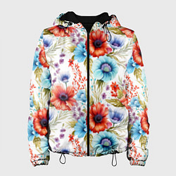 Куртка с капюшоном женская Синие и красные маки на белом - паттерн, цвет: 3D-черный