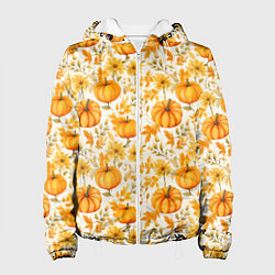 Куртка с капюшоном женская Тыквы и осенние цветы - паттерн, цвет: 3D-белый