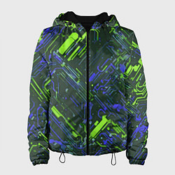 Куртка с капюшоном женская Киберпанк линии зелёные и синие, цвет: 3D-черный