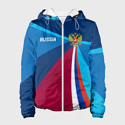 Куртка с капюшоном женская Герб и триколор России с геометрией, цвет: 3D-белый