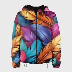 Куртка с капюшоном женская Перья паттерн - нейросеть, цвет: 3D-черный
