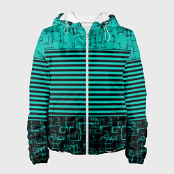 Куртка с капюшоном женская Темно бирюзовый полосатый узор, цвет: 3D-белый
