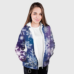 Куртка с капюшоном женская Снежинки на фиолетово-синем фоне, цвет: 3D-белый — фото 2