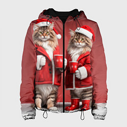 Куртка с капюшоном женская С новым котом - два кота в костюмах Санты, цвет: 3D-черный