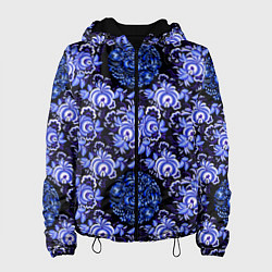 Куртка с капюшоном женская Новогодняя гжель роспись на чёрном фоне, цвет: 3D-черный
