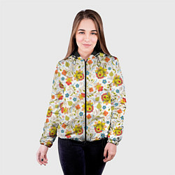 Куртка с капюшоном женская Хохломская роспись разноцветные цветы на белом фон, цвет: 3D-черный — фото 2