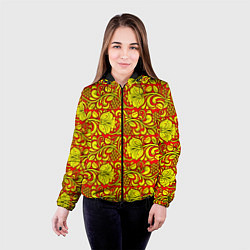 Куртка с капюшоном женская Хохломская роспись золотистые цветы и ягоды на кра, цвет: 3D-черный — фото 2