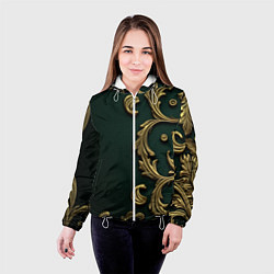 Куртка с капюшоном женская Лепнина золотые узоры на зеленой ткани, цвет: 3D-белый — фото 2