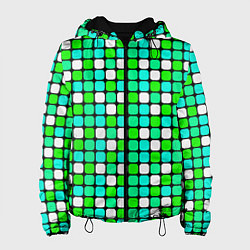 Куртка с капюшоном женская Зелёные и белые квадраты, цвет: 3D-черный