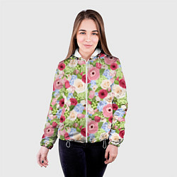 Куртка с капюшоном женская Фон с розами, лютиками и гортензиями, цвет: 3D-белый — фото 2