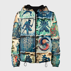 Куртка с капюшоном женская Самураи на пэчворк дениме, цвет: 3D-черный