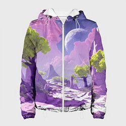 Куртка с капюшоном женская Фиолетовые горы зеленые деревья и космос, цвет: 3D-белый
