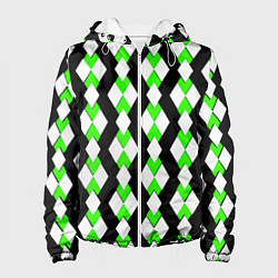 Куртка с капюшоном женская Зелёные и белые ромбы на чёрном фоне, цвет: 3D-белый