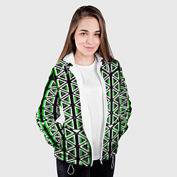 Куртка с капюшоном женская Бело-зелёные треугольники на чёрном фоне, цвет: 3D-белый — фото 2