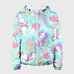 Куртка с капюшоном женская Единорог мороженое конфета и сердечки на голубом ф, цвет: 3D-белый