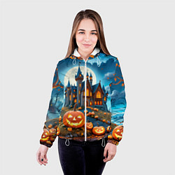 Куртка с капюшоном женская Ночь Хэллоуина тыквы и замок, цвет: 3D-белый — фото 2