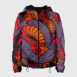 Куртка с капюшоном женская Цветы и змея - Японский стиль, цвет: 3D-черный