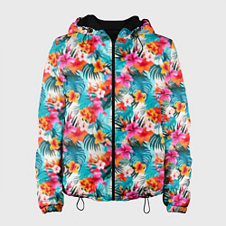 Куртка с капюшоном женская Летний гавайский паттерн, цвет: 3D-черный
