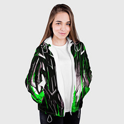 Куртка с капюшоном женская Зелёно-белые вертикальные полосы на чёрном фоне, цвет: 3D-белый — фото 2