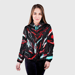 Куртка с капюшоном женская Красно-белые абстрактные линии на чёрном фоне, цвет: 3D-черный — фото 2